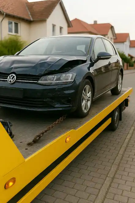 Ein defektes Auto, das zum Autoankauf in Herrenberg abgeschleppt wird.