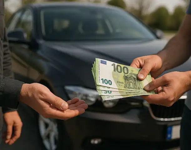 Ein Kunde erhält eine Barauszahlung beim Autoankauf in Herrenberg.